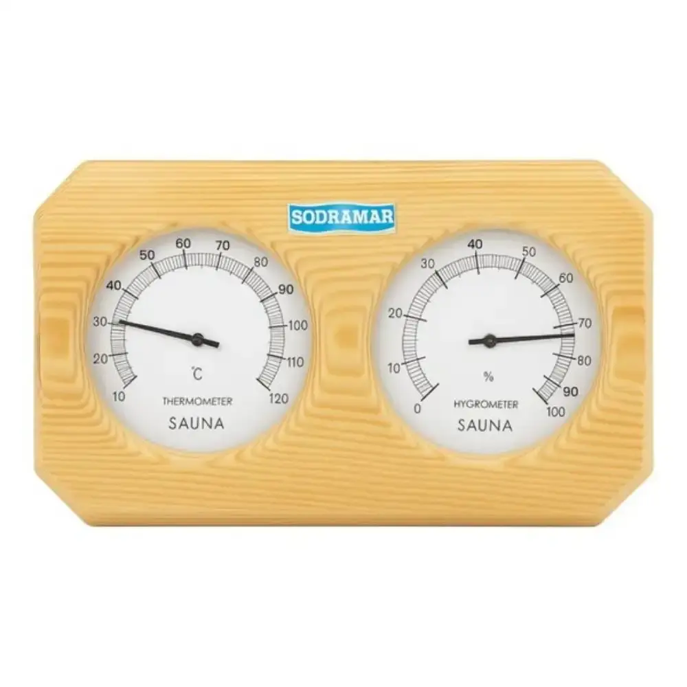 Medidor umidade e temperatura em madeira sauna seca Sodramar — fotografia de referência