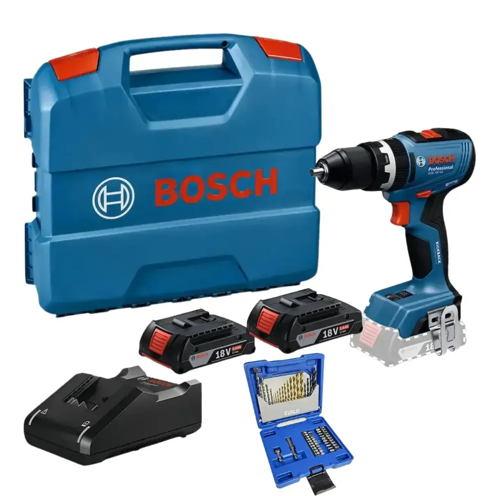Parafusadeira furadeira GSB 18V-65 2 baterias e carregador Bosch com estojo de brocas 41 peças evald — fotografia de referência