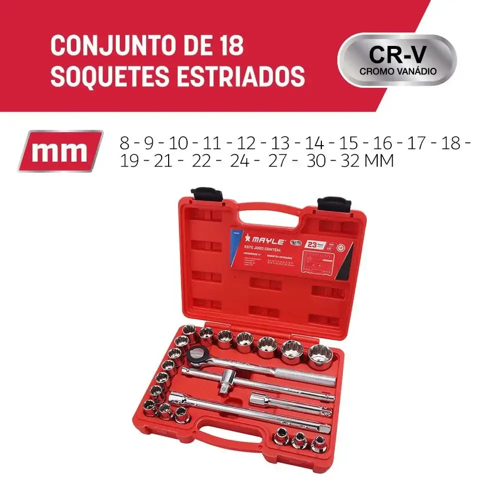 Jogo de soquete estriado encaixe 1/2 pol de 8 à 32 MM com 23 peças Mayle — fotografia 10
