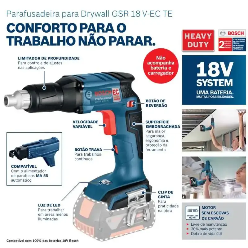 Parafusadeira para Drywall e Gesso 18V GSR 18V-EC TE s/ Bateria e Carregador BOSCH — fotografia 4