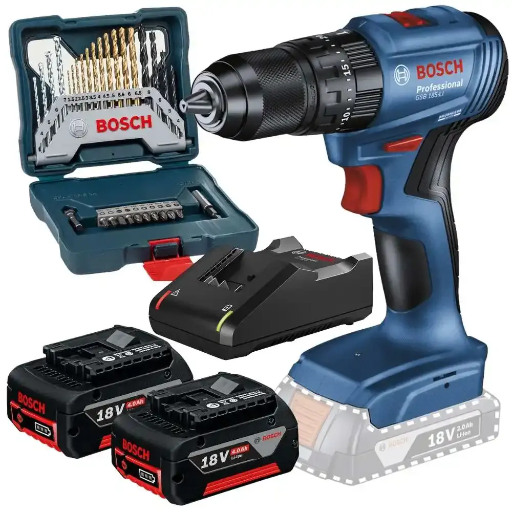 Parafusadeira de impacto 65NM brushless com kit 30 peças 2 baterias 4,0AH e carregador bivolt Bosch — fotografia de referência
