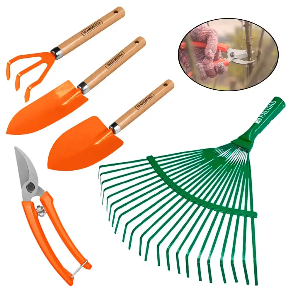 Kit jardinagem pazinha tesoura e ancinho 5 peças tramontina / Palisad