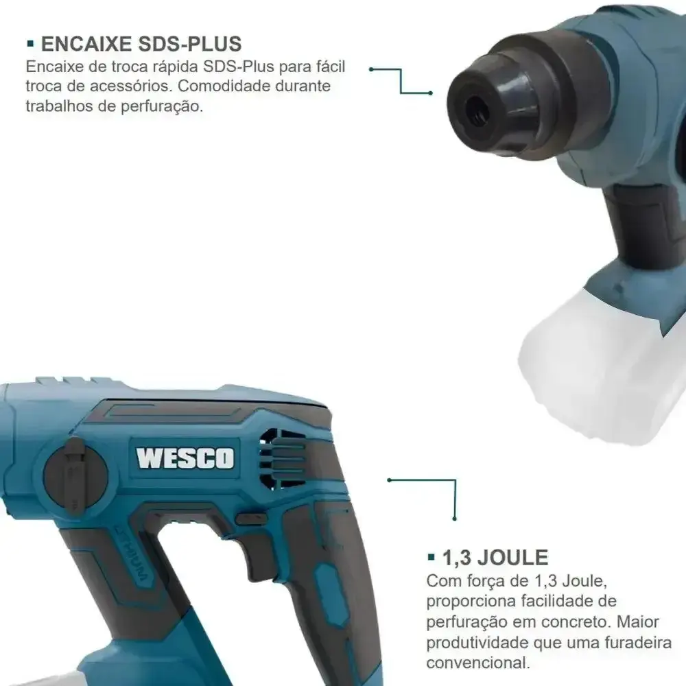 Parafusadeira 1/2 POL e martelete rotativo perfurador com bateria 18V e carregador Wesco — fotografia 5