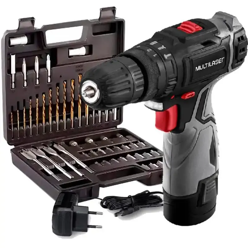 Parafusadeira furadeira 12V impacto HO097 + kit brocas bits e soquetes 50 peças HO062 Multilaser