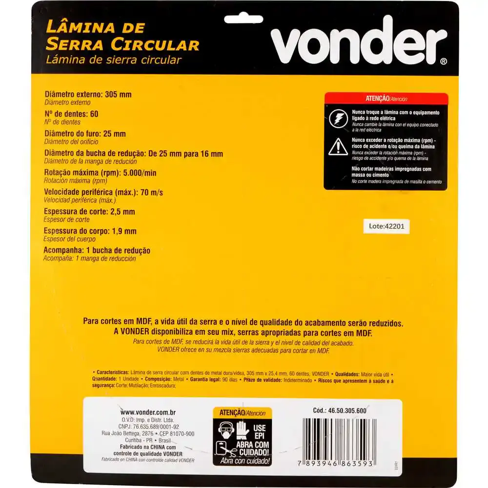Lâmina de Serra Circular 305mm x 25,4mm 60 Dentes VONDER — fotografia 5