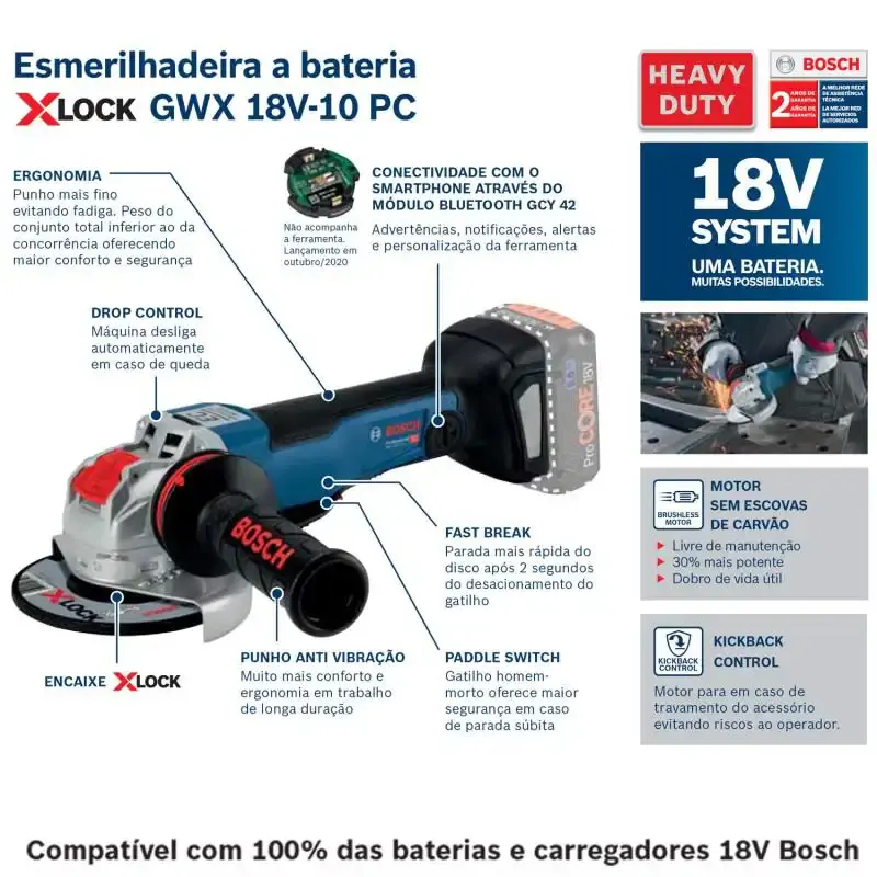 Esmerilhadeira angular 18V 4.1/2 e 5 POL xlock 18V-10 PC bateria 4 ah GBA li-ion Bosch — fotografia 3