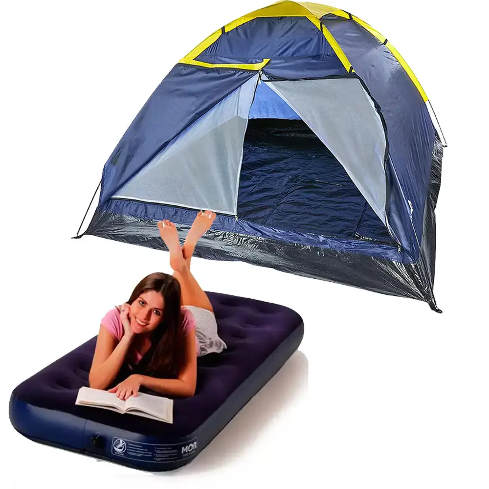 Barraca Camping Iglu para até 4 Pessoas + Colchão Inflável Solteiro Inflador Embutido — fotografia de referência