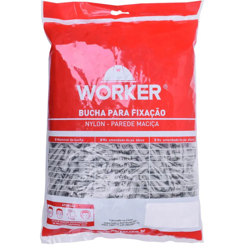 Bucha de nylon para parede oca N°10 250 peç Worker