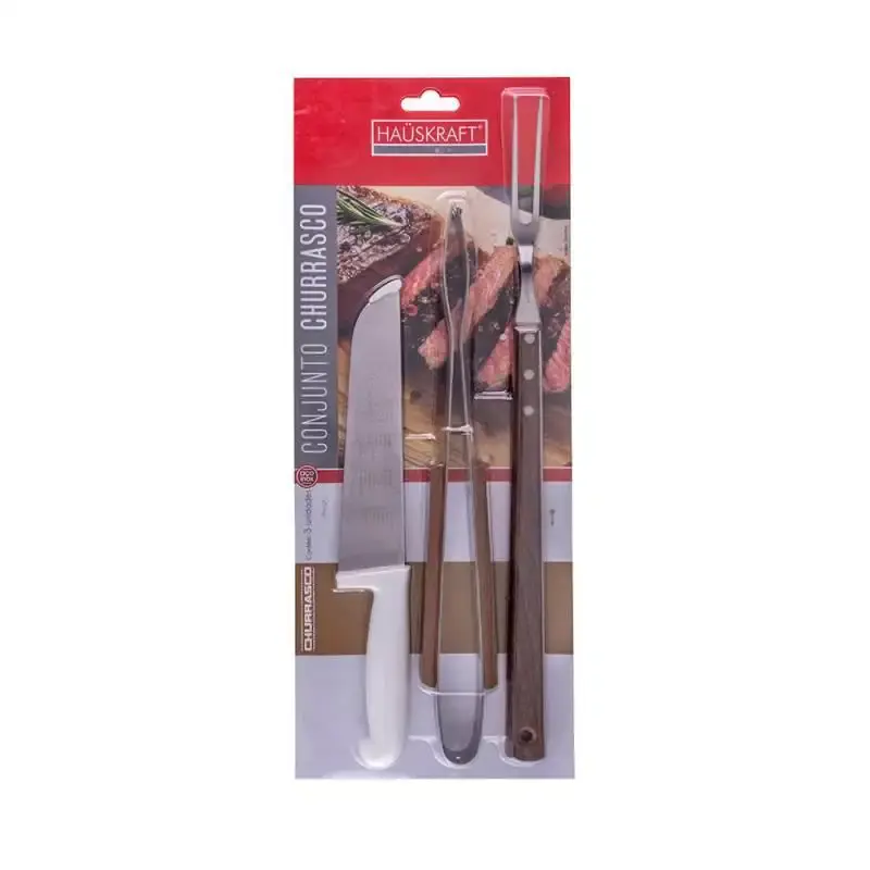 Kit churrasco 3 peças com faca. pegador garfo trinchante hauskraft — fotografia 3