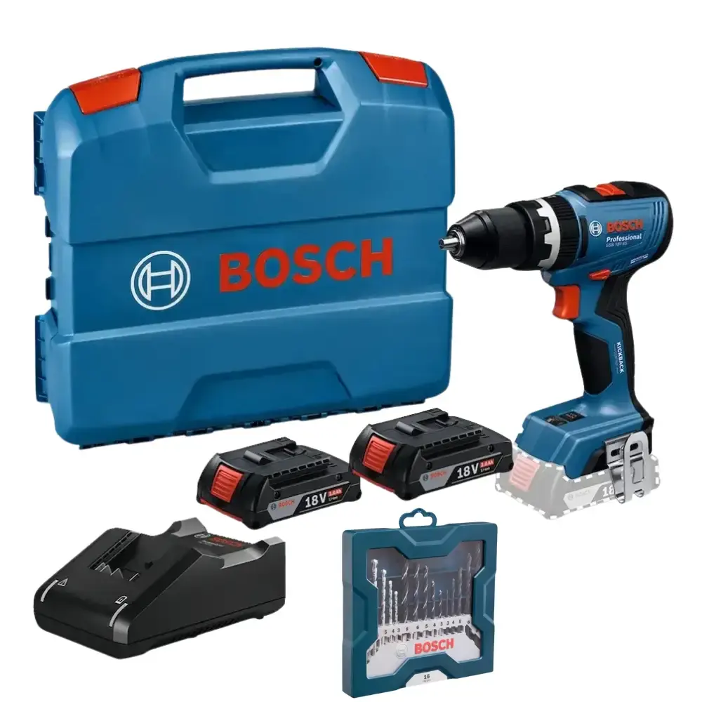 Kit parafusadeira furadeira 2 baterias e carregador com estojo de brocas mini x-line 15 peças Bosch — fotografia de referência