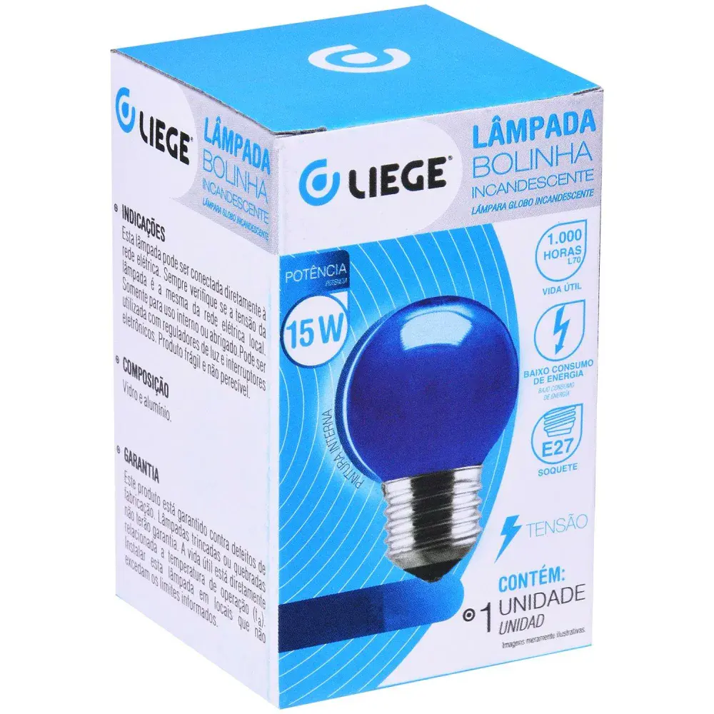 Lâmpada bolinha 15W E27 azul incandescente Liege 127V — fotografia 3