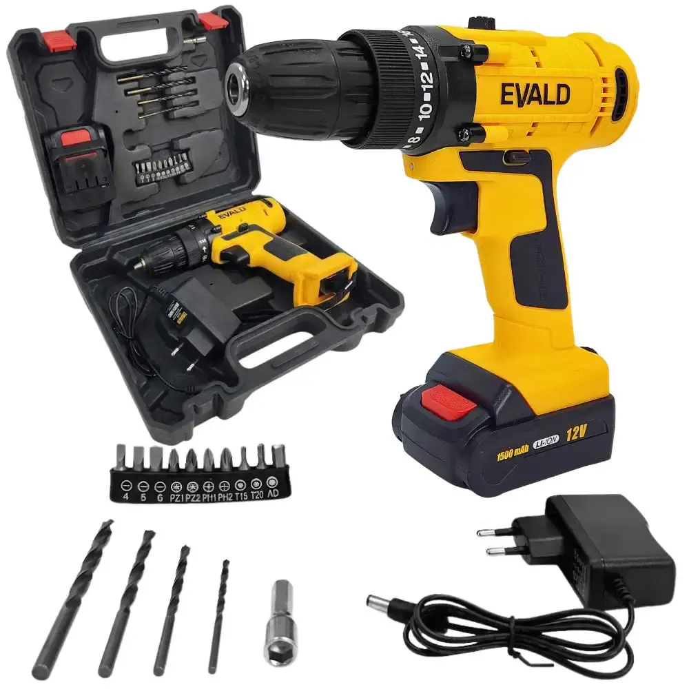 Parafusadeira furadeira bateria 12V com maleta e kit bivolt Evald