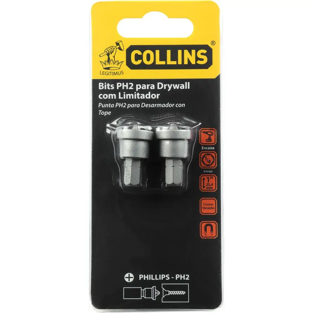 Bits PH2 para drywall com limitador 1” 25,40MM 2 pçs Collins — fotografia de referência