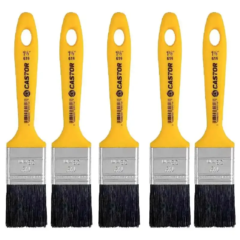 Pincel trincha 1.1/2 pol amarelo cerdas pretas kit 5 unidades Castor