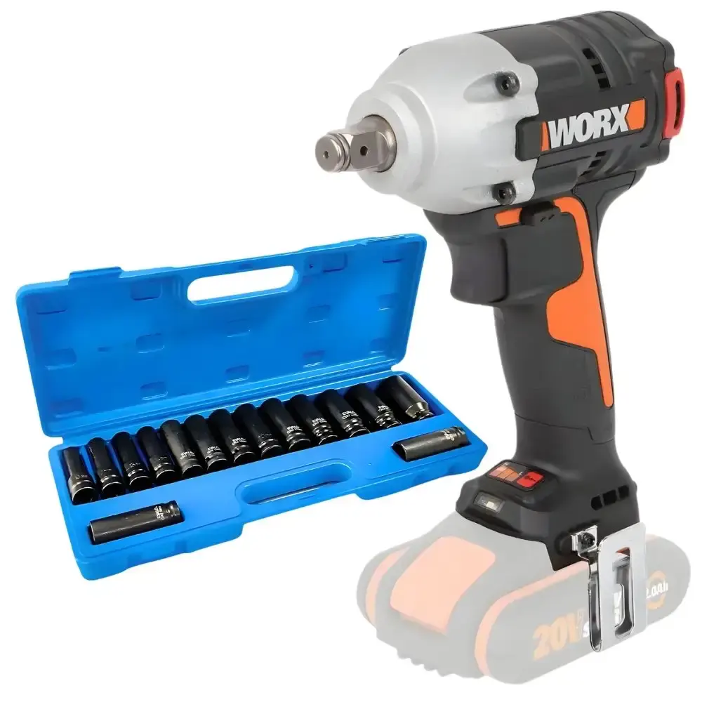 Chave de impacto 1/2 POL a bateria 20V Worx e jogo soquetes 10-27MM 15 peças evald