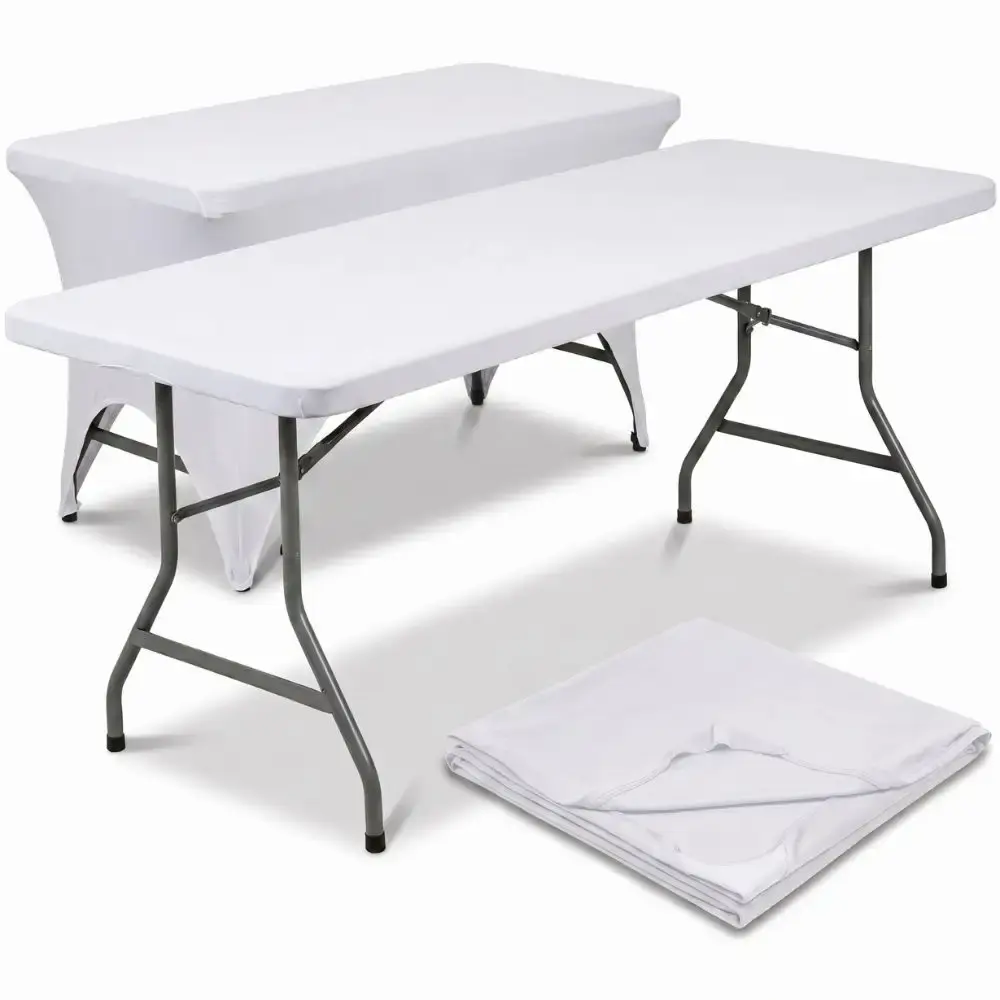 Kit Mesa Dobrável Vira Maleta 180 x 74 x 74 CM com Toalha Capa Retangular Elástica Branca CASA LYS