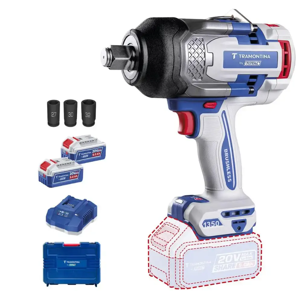 Chave impacto 3/4POL 20V 1350 n.m brushless 2 baterias 5,0AH carregador maleta Tramontina — fotografia de referência