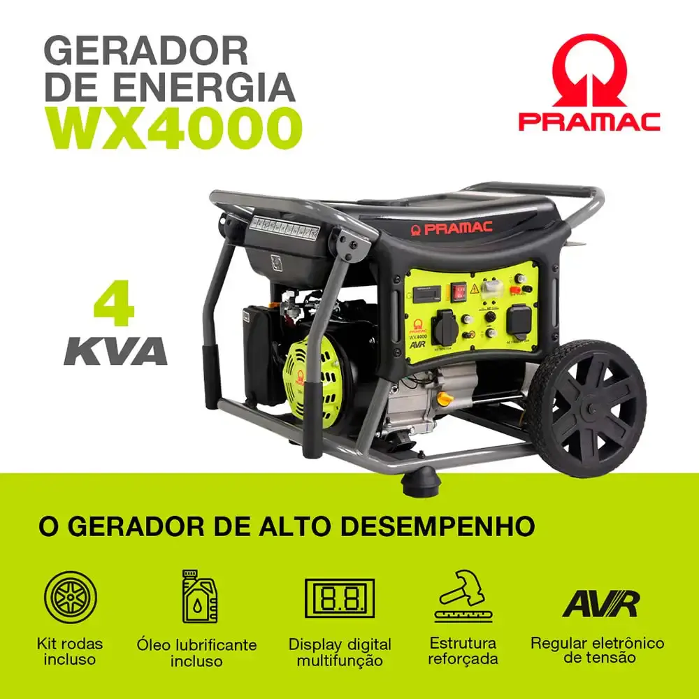Gerador à gasolina 4KVA digital com avr 4T WX4000 mono bivolt com rodas PR322MXI003I Pramac — fotografia 8
