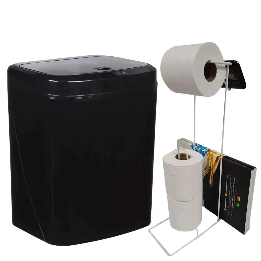 Lixeira automática preta 16 litros USB Kala com suporte para papel higiênico 3 rolos branco evald — fotografia de referência