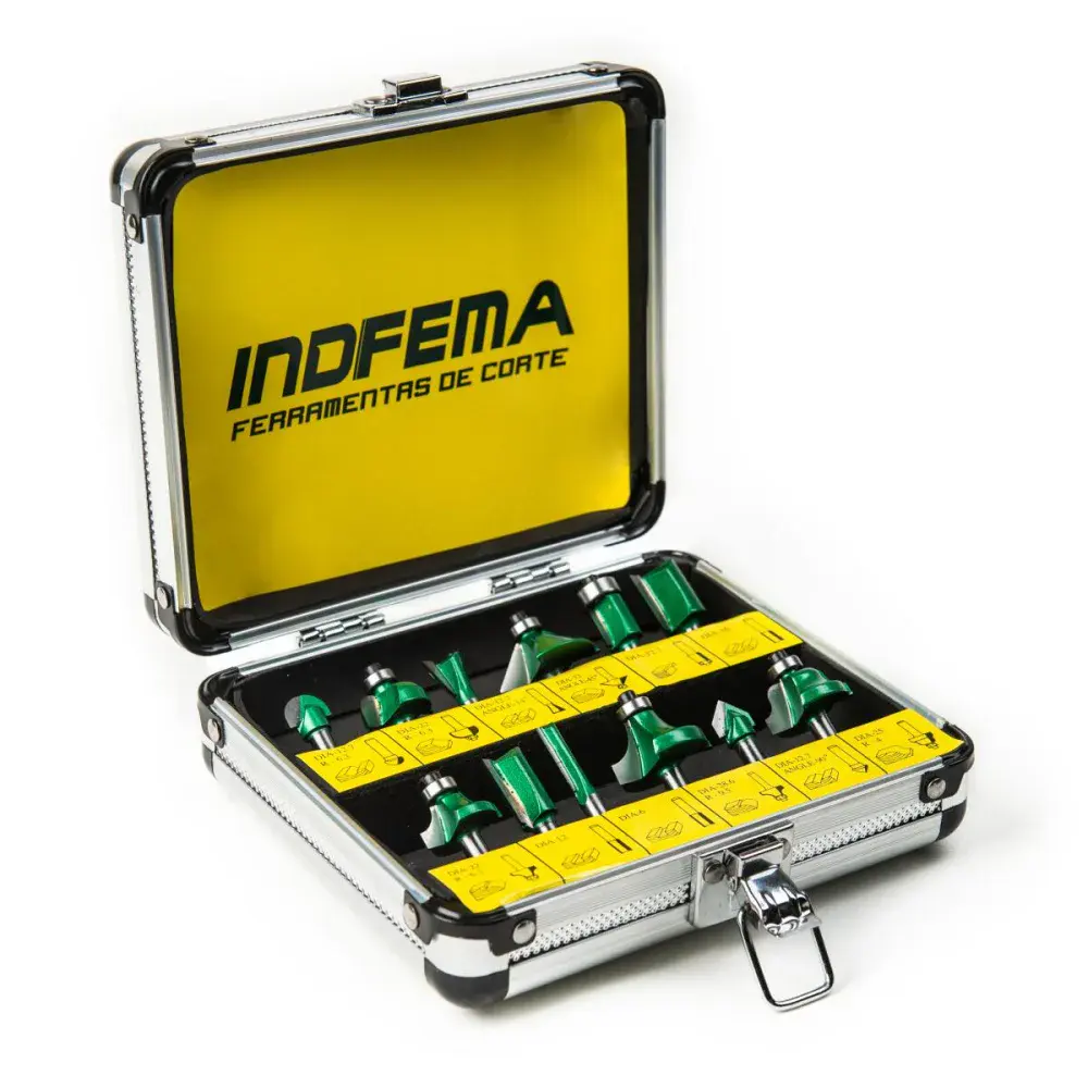 Kit de 12 fresas hw para tupia 6MM com maleta Indfema 6410.01