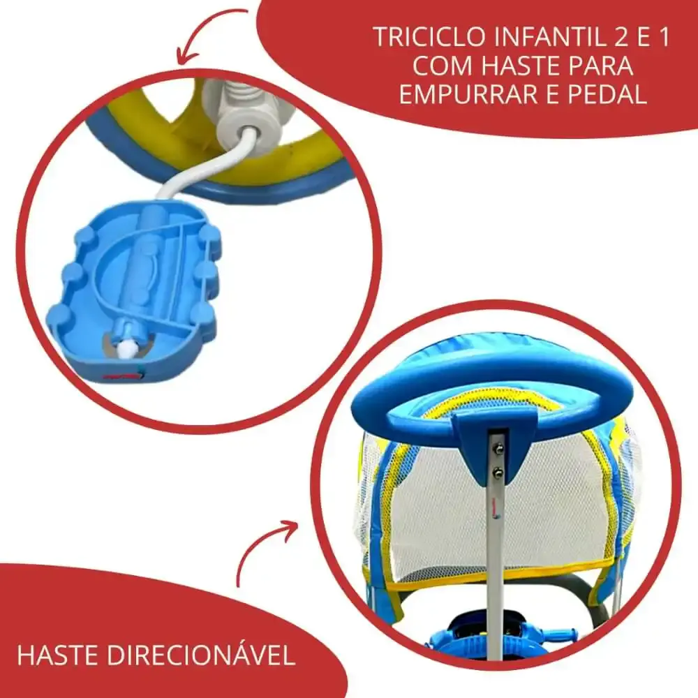 Triciclo motoca infantil passeio azul com empurrador e cobertura BW003-A ImportWay — fotografia 4