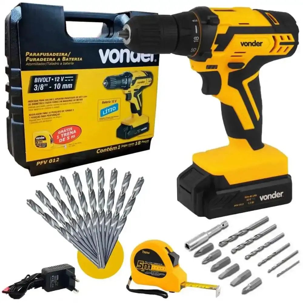 Furadeira parafusadeira 12V com bateria carregador bivolt e kit brocas, bits e trena PFV012 Vonder — fotografia de referência