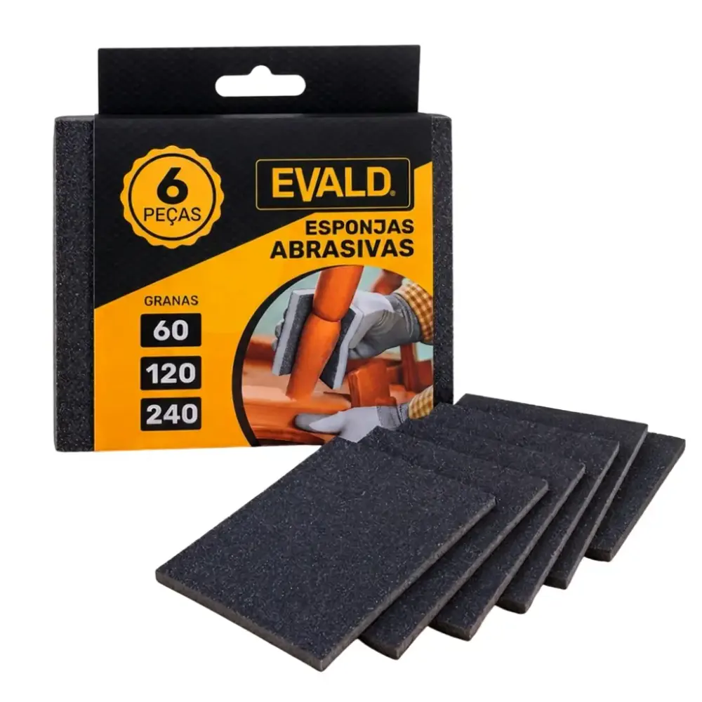 Kit esponja abrasiva fina com 6 unidades 135X110X4 MM grãos 60 120 e 240 Evald — fotografia de referência