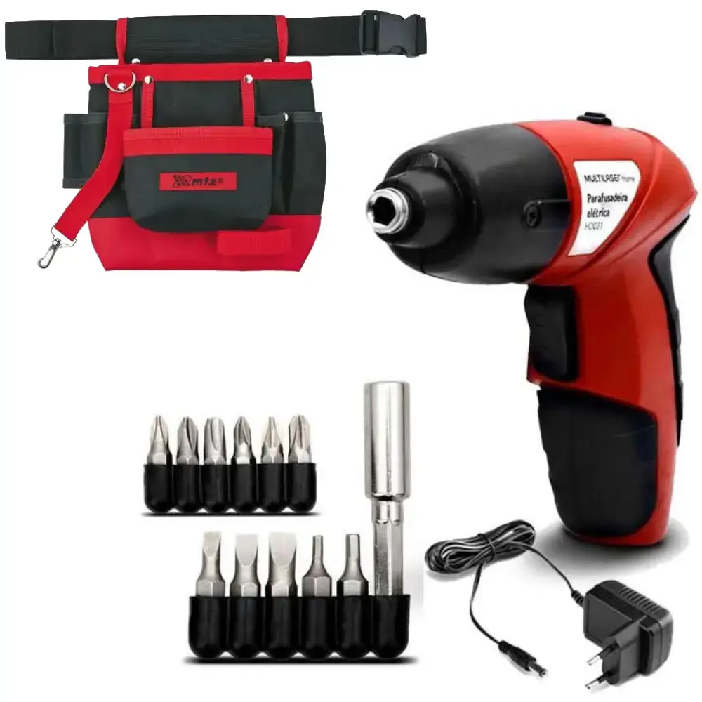Parafusadeira a bateria 4,8V com kit 11 pçs Multilaser e bolsa de cinto MTX