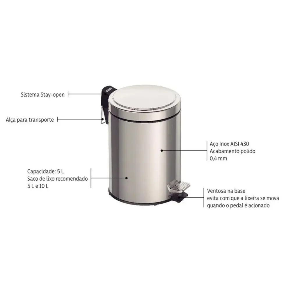 Lixeira inox 5L com pedal e sistema stay open Tramontina — fotografia 3
