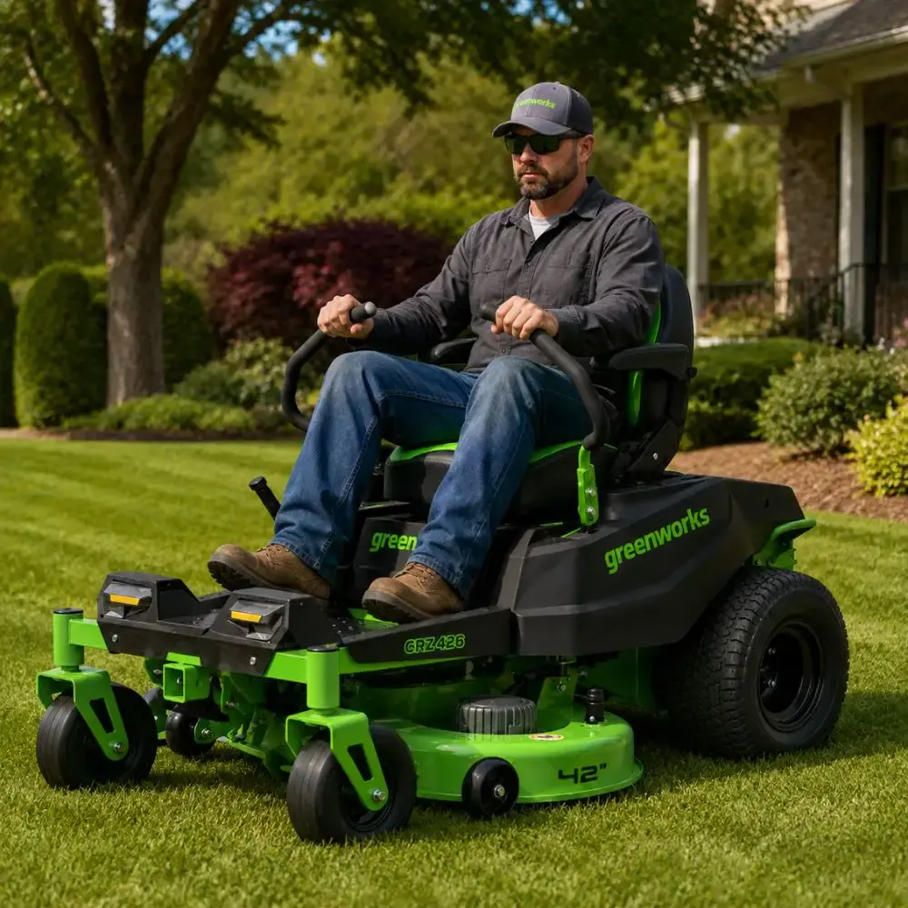 Trator dirigível cortador de grama com 6 baterias 60V CRZ426 Greenworks — fotografia 5