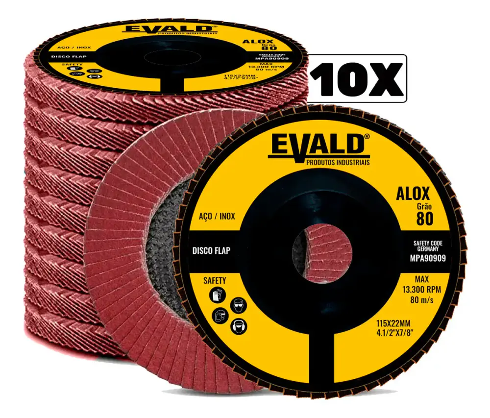 Disco de lixa flap 4.1/2 POL 115 MM aço inox grão 80 oxido de alumínio alox kit 10 peças Evald — fotografia de referência