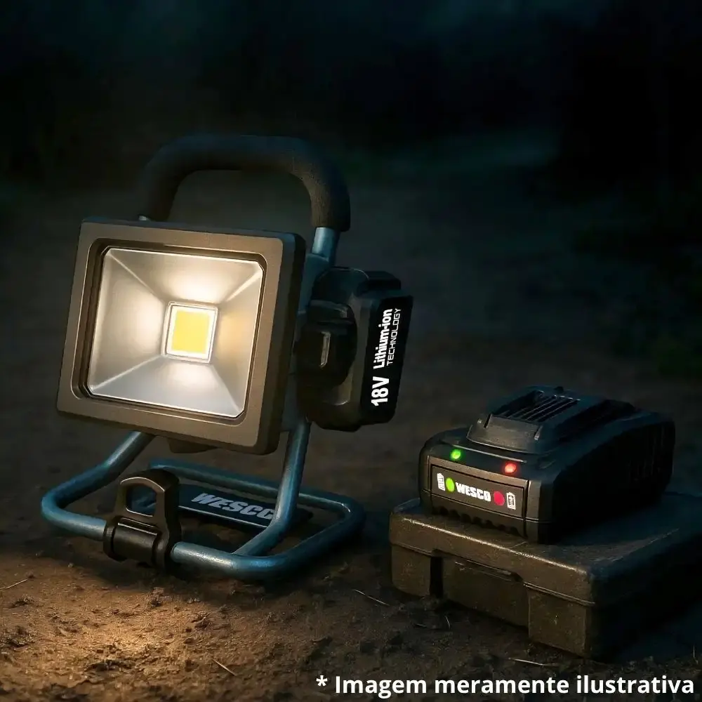 Refletor de led com bateria de lítio 18V 2.0 ah e carregador Wesco — fotografia 4