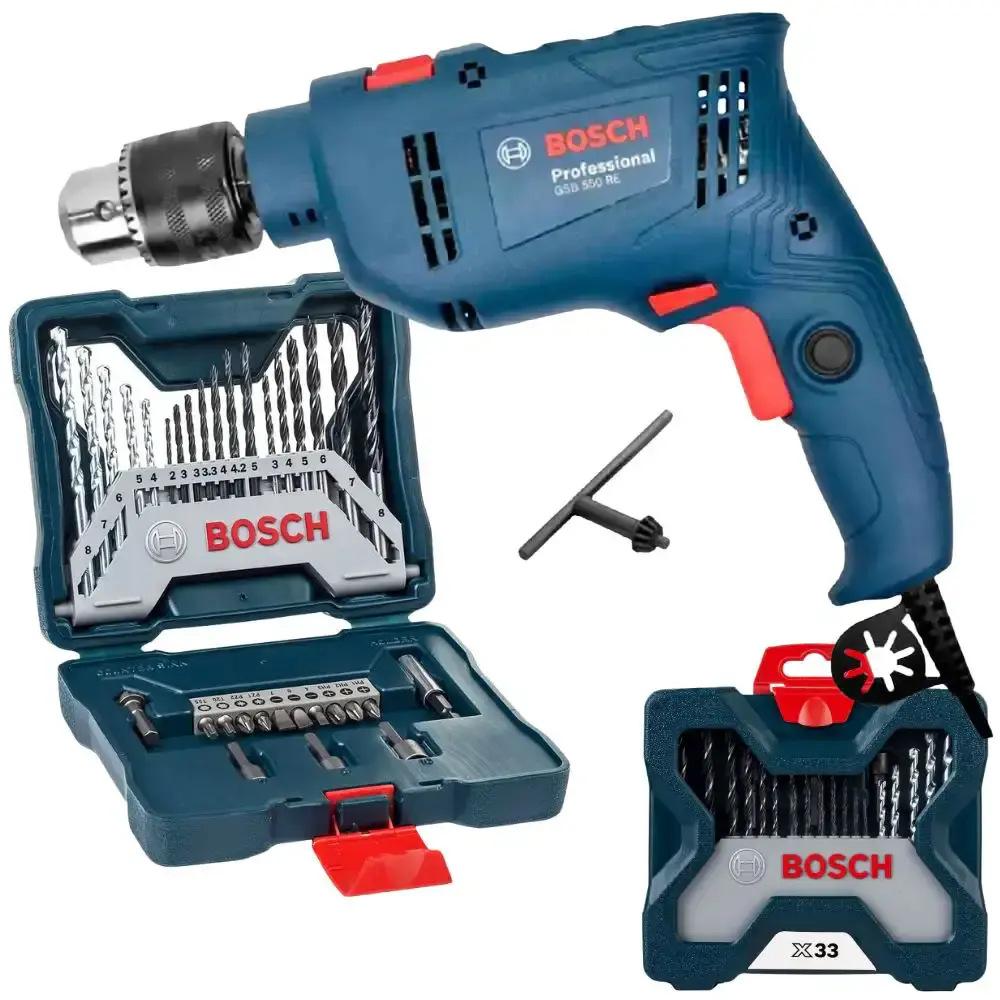 Furadeira de impacto 1/2 polegadas 550W com reversão GSB550 com estojo 30 peças x-line titânio Bosch 110 V