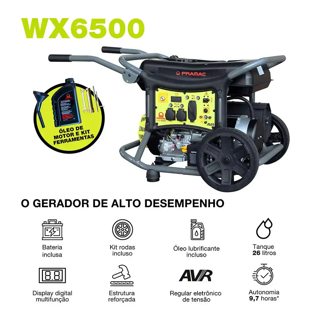 Gerador à gasolina 6.3 KVA com bateria 4T digital com AVR WX6500 mono bivolt PR652MXB003I Pramac — fotografia 2