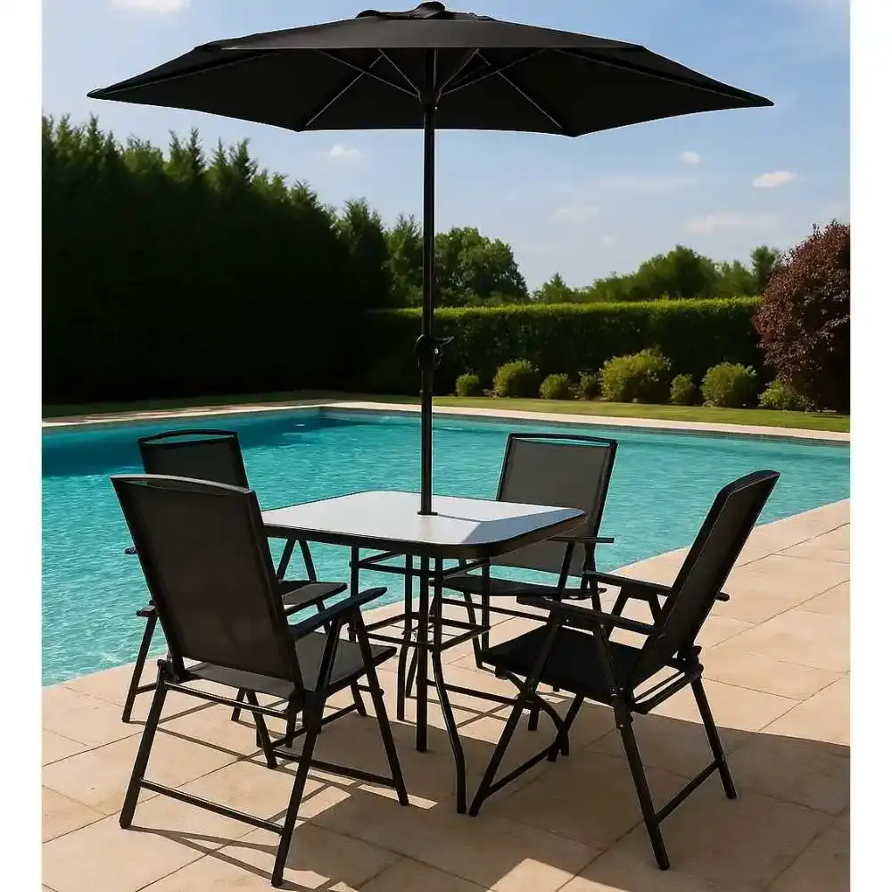 Conjunto com mesa cadeiras e guarda sol preto para jardim chicago Mor — fotografia 7